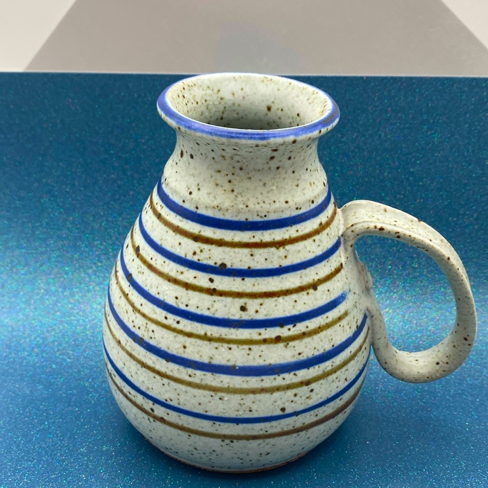 Vintage Mid-Century Danish Striped Speckled Pottery Blue Clay Pitcher Or Mug